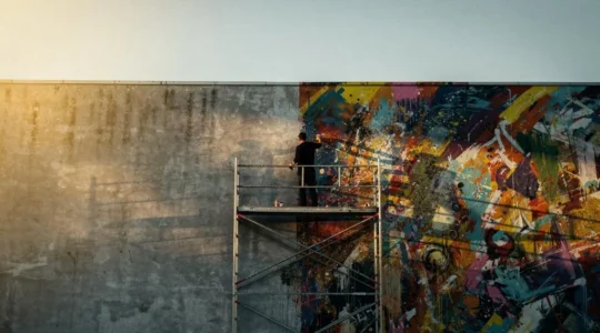 Un mur gris anonyme qui se transforme progressivement en une fresque murale colorée et symbolique