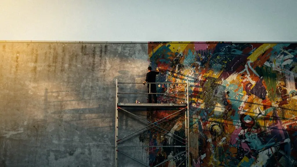 Un mur gris anonyme qui se transforme progressivement en une fresque murale colorée et symbolique