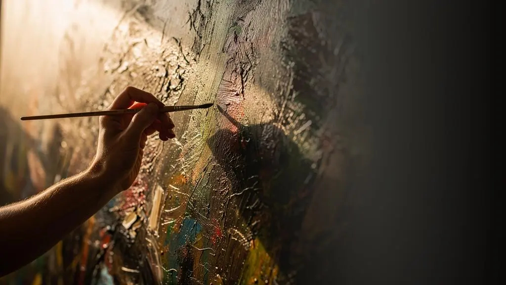 Main d'un artiste tenant un pinceau fin près d'une toile en cours de création, dans une lumière chaude évoquant les maîtres anciens