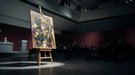 Une œuvre d'art unique mise en lumière dans une salle de vente sombre, symbolisant la tension entre valeur réelle et spéculation sur le marché de l'art