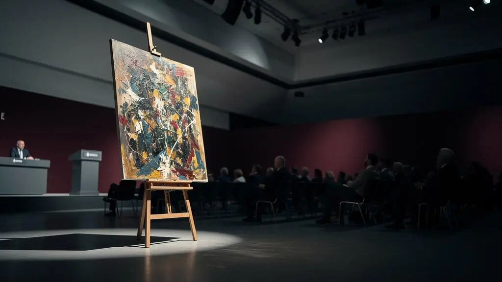 Une œuvre d'art unique mise en lumière dans une salle de vente sombre, symbolisant la tension entre valeur réelle et spéculation sur le marché de l'art