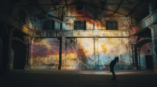 Silhouette d'un visiteur contemplant une œuvre d'art projetée en grand format dans un espace immersif évoquant son époque de création