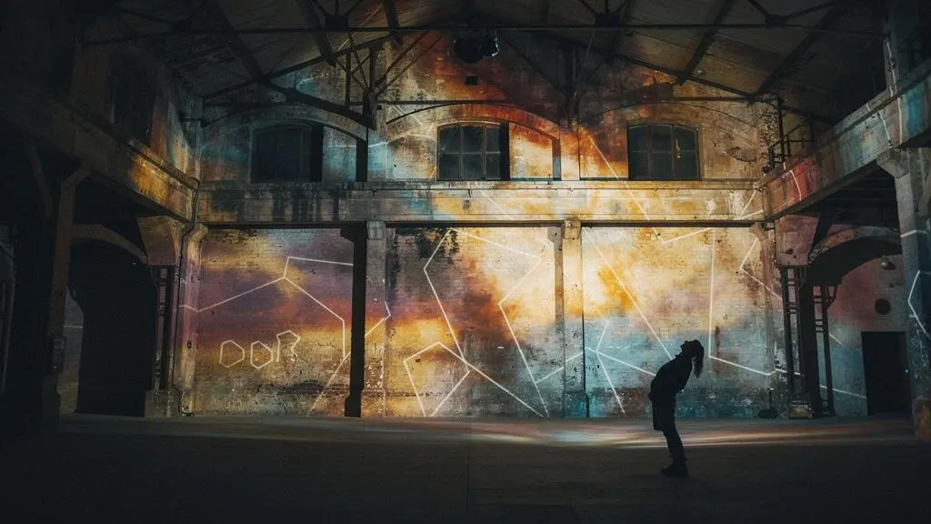 Silhouette d'un visiteur contemplant une œuvre d'art projetée en grand format dans un espace immersif évoquant son époque de création