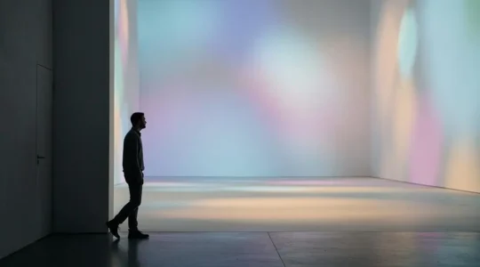 Silhouette d'un visiteur immergé dans un espace artistique baigné de lumière et de projections colorées