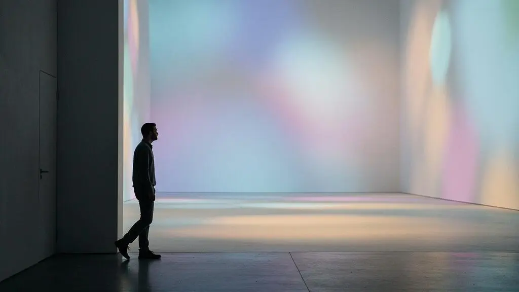 Silhouette d'un visiteur immergé dans un espace artistique baigné de lumière et de projections colorées