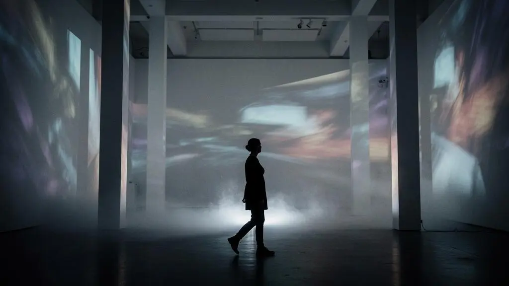Silhouette d'un visiteur traversant une installation immersive plongée dans la lumière projetée et la brume, mêlant vidéo, son et scénographie